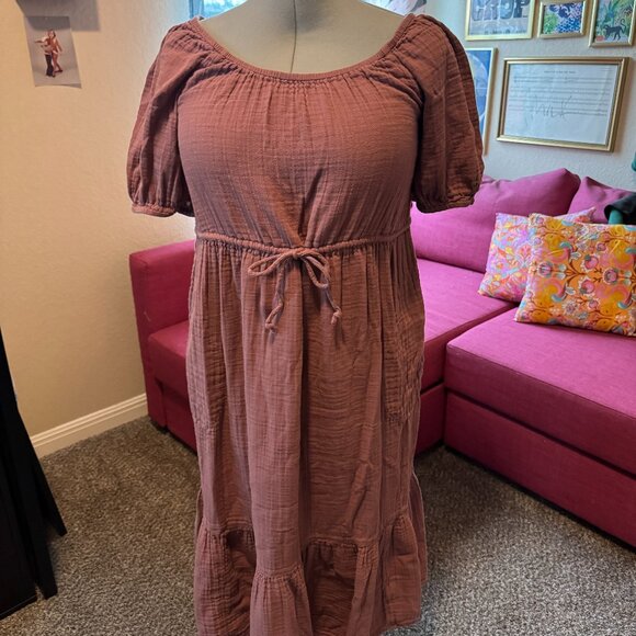 Old Navy Mauve Puff-Sleeve Gauze Midi Dress – Size M - Picture 1 of 5